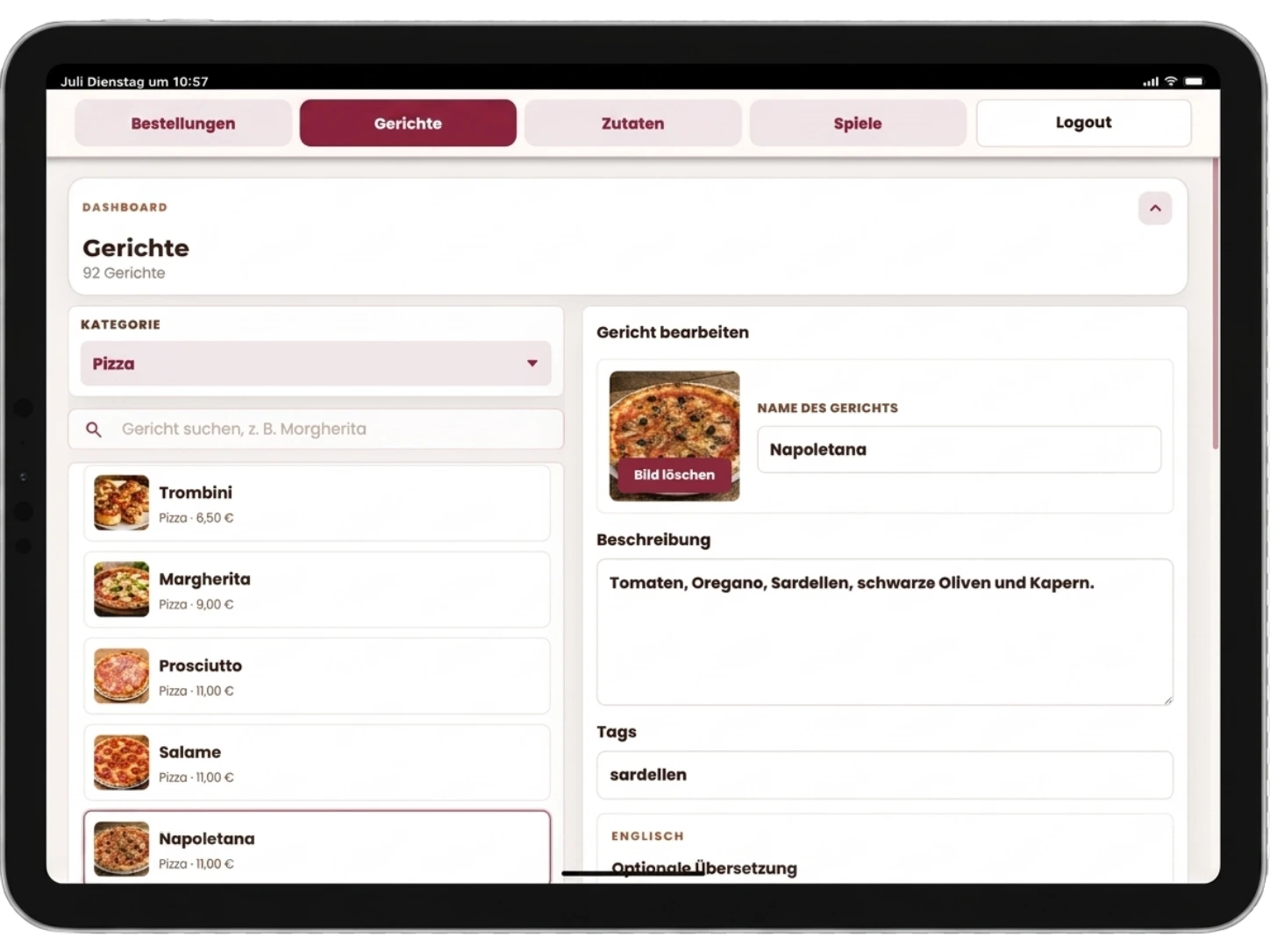 Menüpflege im GastroTap Dashboard auf dem Tablet